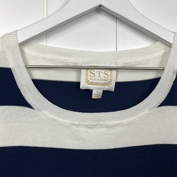 Sail to Sable Womens Sweater M Blue/White Stripes Sleeveless Fringe Hem Pullover - Picture 3 of 11